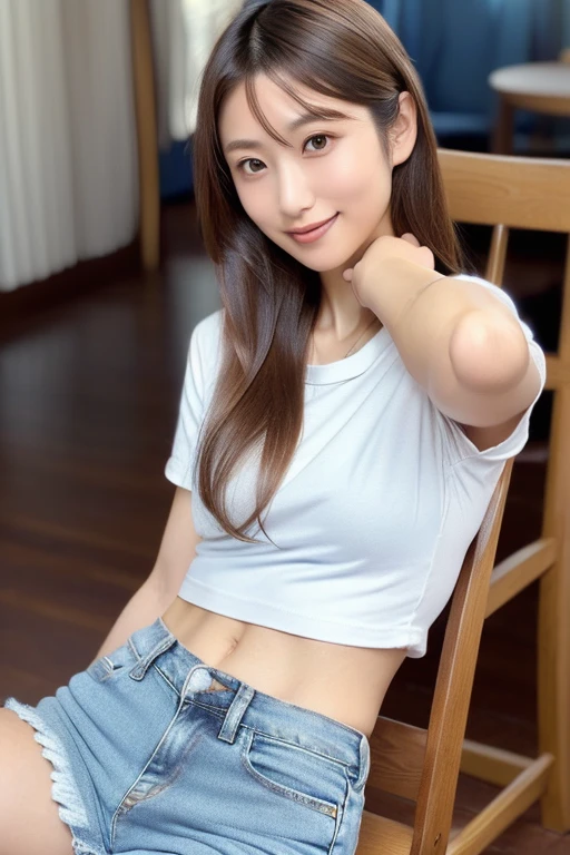Highest quality、Ultra-high resolution、masterpiece、8K、Clear photos、(Very cute Japanese girl)、smile、(whole body)、(The cutest Yoda Yuki)、(Baby Face)、Large erect nipples、Berry Shortcut、(Low-rise denim shorts、Unbutton、Pull-down denim shorts)、whiteパンティーが見えています、 whiteTWear a shirt、Vivid depiction