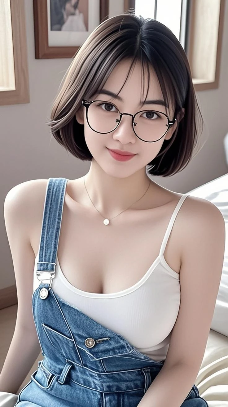 (realisticlying, A high resolution:1.3), 1 girl with a perfect body, Super fine face and eyes,long whitr hair, Tank top of random colors:1.2, Wear a uniform, in a cafe, Coffee on the table, huge tit,Expose cleavage,exposing breasts, nipple, NFSw, erotic , Air bangs short hair,wears glasses,pendant,