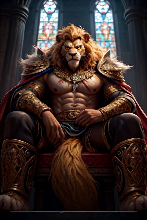 full-body shot,Lion's appearance,The human body,Ancient China,Lion spirit,(((sfw))),Holding weapons,Sitting on the throne,(((Sitting))),Yellow hair,hair