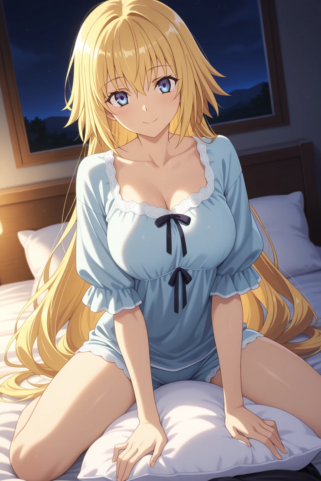 a blond、blue eyess、The long-haired、Woman、breastsout、thighs thighs thighs thighs、a room、dressing gown、Bold poses、On the bed
