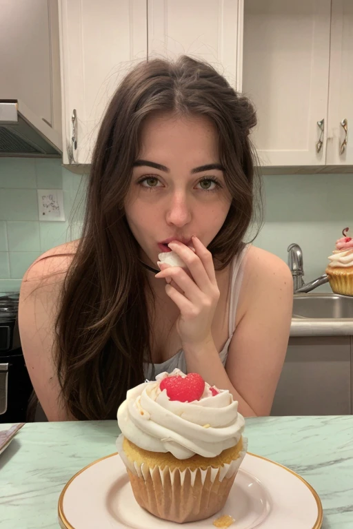 ((best quality)), ((masterpiece)), (detailed), 13-year-old girl, tight black dress, eating a cake covered in a white fluid, in her room,