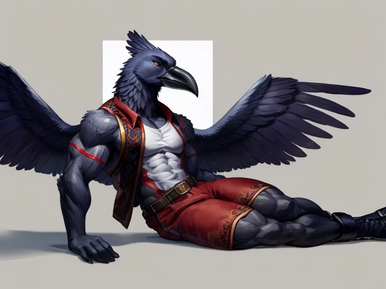 score_9, score_8_up, score_7_up, score_6_up, (solp), anthro male avian wearing a loincloth, proud, masculine pose, tribal, scarred body, nipples, muscular, sharp beak, wings on back
