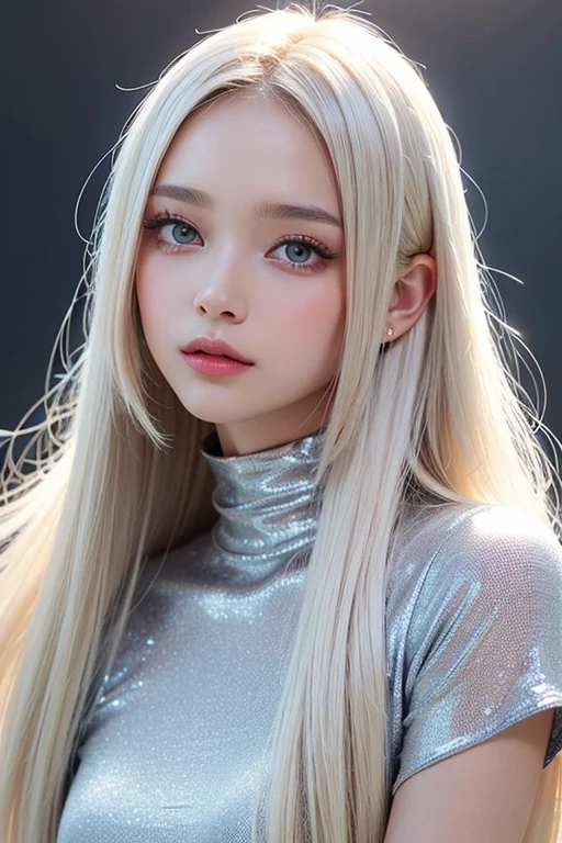 Super long Super long Straight Platinum blonde Silky hair、masterpiece、Highest quality、High resolution、Highly detailed photos、Professional Lighting、(((forehead、White background)))、Strike a Pose、Ruffled blouse、Big Breasts、Portraiture、Bright expression、Young and shiny white glossy skin、Great lookysterious blonde hair reflection、Platinum blonde hair with dazzling highlights、Bright shiny hair,、Super long straight hair、forehead、Sparkling, clear, attractive big blue eyes、A very beautiful, adorable and cute 15 year old girl.、Cowboy Shot、Photorealistic