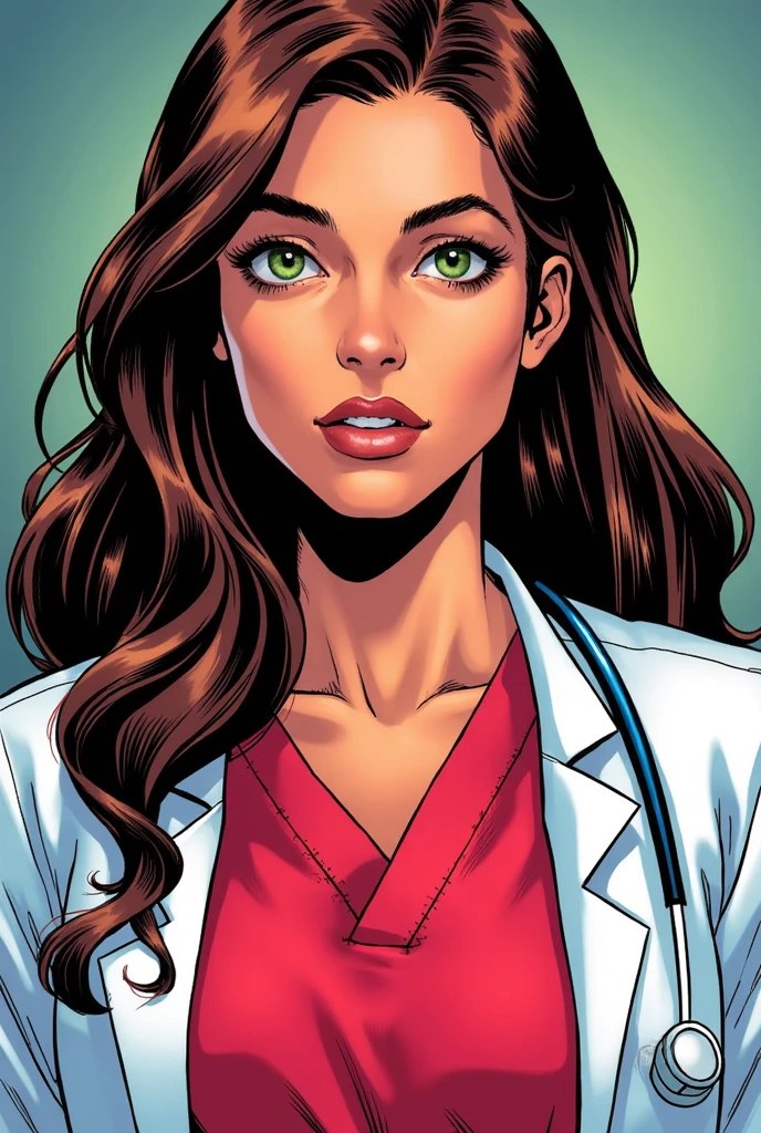 (((HD photo))), ultra high res.photorealistic:. 1.4, UHD, masterpiece, trending on artstation, portrait, full body shot, 1girl, pretty, cute face, most beautiful in the world, cleavage, soft, delicate, (long red hair), perfect figure, (wearing white doctor uniform:1.2), leaning over, holding stethoscope:1.4, medical fetish, examination, sunkissed, hospital ward background, sfw