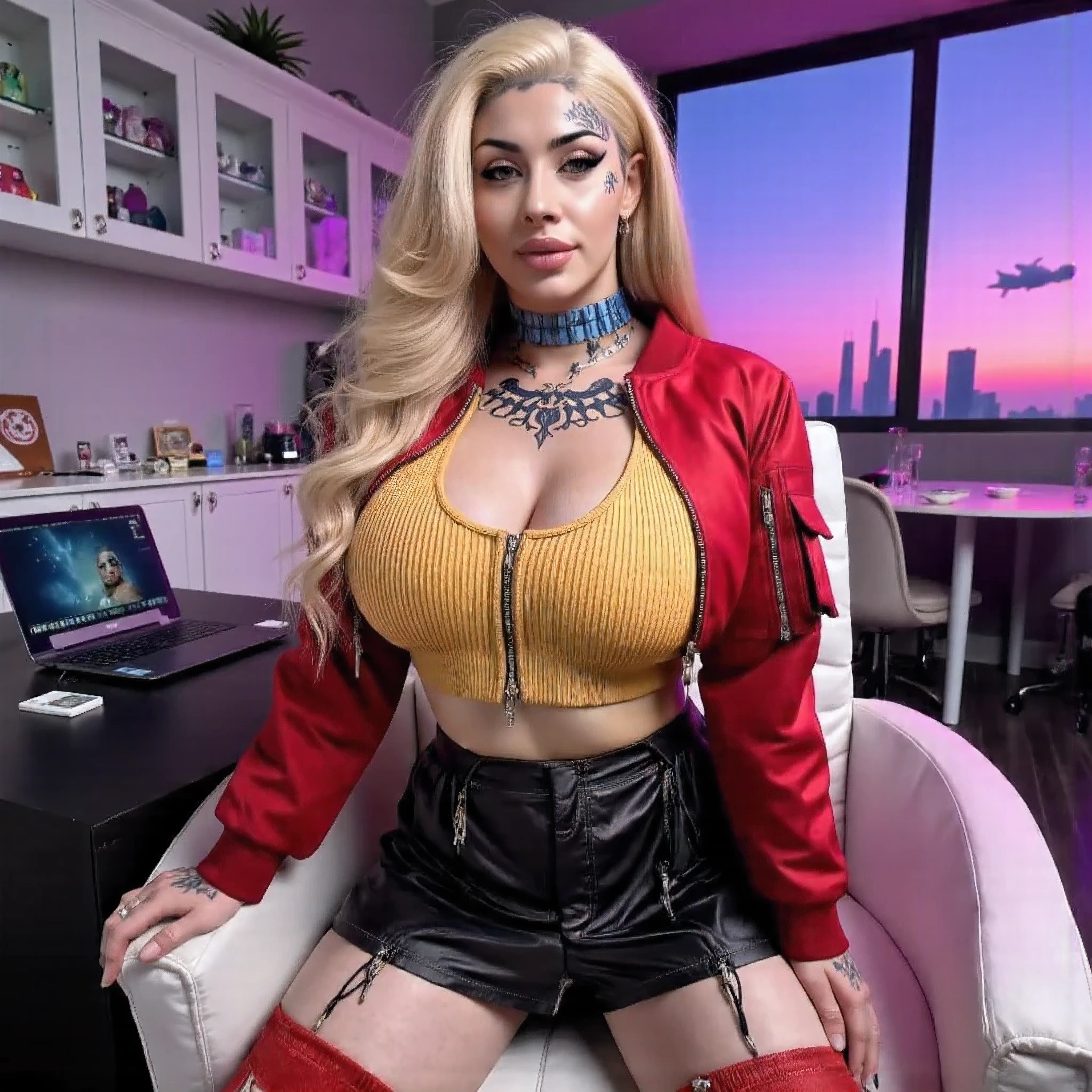 ((best quality)), (Masterpeace, high quality, high resolution, realistic photo, photography, detailed), 1 japanese pornstar women fighter gangster, age from 30 to 36 years old, porn star Xo Gisele, 8k_wallpaper, extremely detailed eyes, (large masterpiece digital art), (intricate details:1.3 ), (ultra-detailed:1.3), (sharp focus:1.3), (natural lighting:1.05), (vivid colors:1.3), (best quality:1.4), HDR, studio lightings, expressive eyes, full body shot, the whole body is covered with Korean tattoos, detailed face, beautiful face, perfect face, impudent rude predatory and vulgar look with a predatory fanged smile, smiles predatorily with passion in the eyes, ((voluminous thick sandy blonde hair)), (korean light blue pink predatory makeup and golden eyes), {{wet light bronze skin}}, ({wet light bronze skinned female}), (big breasts), huge chest, (pelvis widens:2.4), big wide ass, powerful relief muscles of the abdomen and legs, powerful strong muscles of the arms, a wide steel blue choker on her neck, she is dressed in an open dark red jacket with gold patterns and rolled up sleeves, a yellow translucent short top, gold and silver rings on hands, lower lip piercing, belly piercing with blue stones, black and gold leather mini skirt, red boots, she is sitting in the office in a white chair of a modeling porn agency, in the background there are cabinets with toys for adults and a table with a laptop, a light twilight illuminated by pink and blue neon light, outside the window there are huge skyscrapers and space starships, the style K-pop is cyberpunk and sci-fi, korean porn studios, ultra-realism, hyperrealism, cinematic, dark fantasy, korean style,