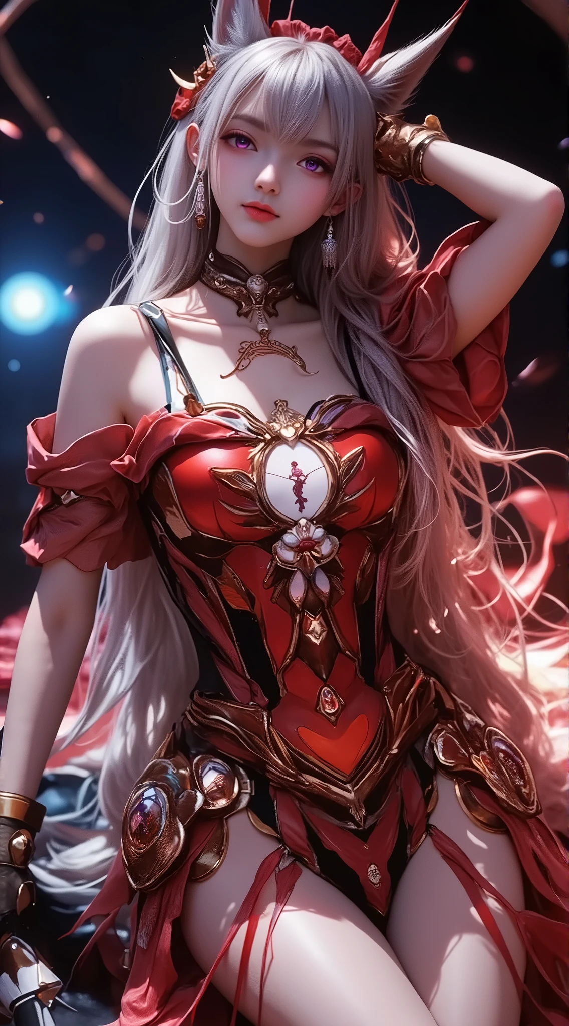 1 , long white hair . chest. fox ears. MULTICOLOR EYES. PURPLE EYES , pink eyes. earrings. Dancer's candid attire. The symbol on the forehead is in the shape of a moon . full length .