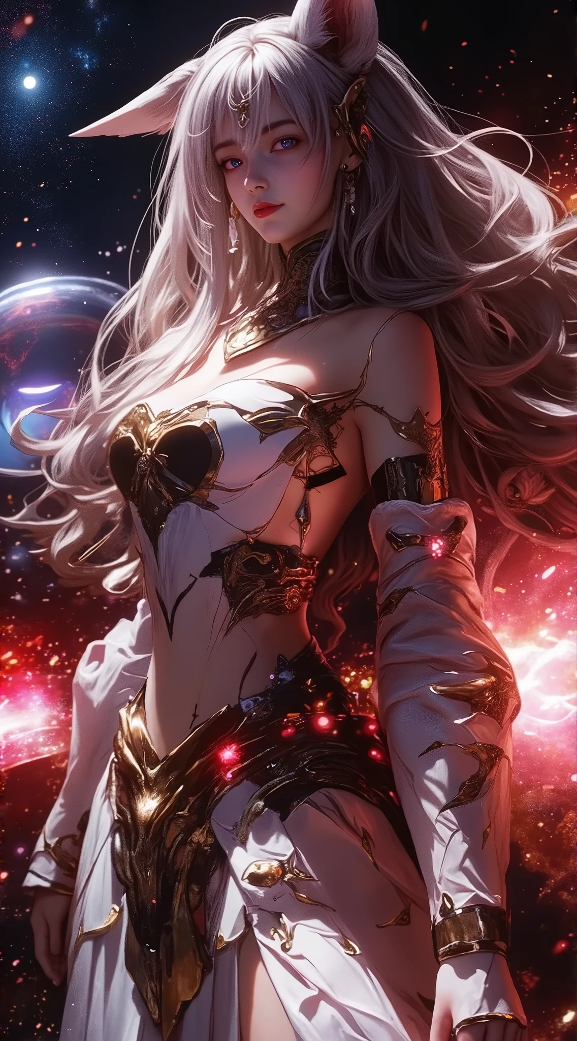 gemini theme award winning 64k concept art of (black 1girl:1.2) in colorful majestic open dress standing bravely, head lifted, posing, epic, god rays, centered, upper body, (masterpiece:1.2), (best quality:1.3), Amazing, highly detailed, beautiful, finely detailed, warm soft color grading, Depth of field, extremely detailed 64k, fine art, stunning, iridescent, (shiny:1.2), (light reflections:1.3), (crisp:1.7), silver curls, storm, vibrant, sunlit, (edge detection:1.3), absurdres, impressive, 120mm, outlining, wide thighs, luminous, glittering, reflections, lights, sky