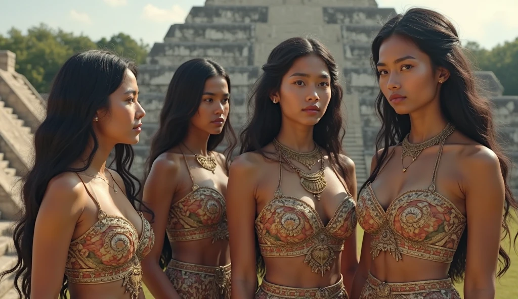 (thai woman),((highponytail)),(forehead),(bikini :1.5),(enormous breasts:1.5),(slim waist:1.3),big smile, (cowboy shot:1.4),8k, UHD,(desert:1.3),(oasis),(Huge stone statues in the background:1.4),