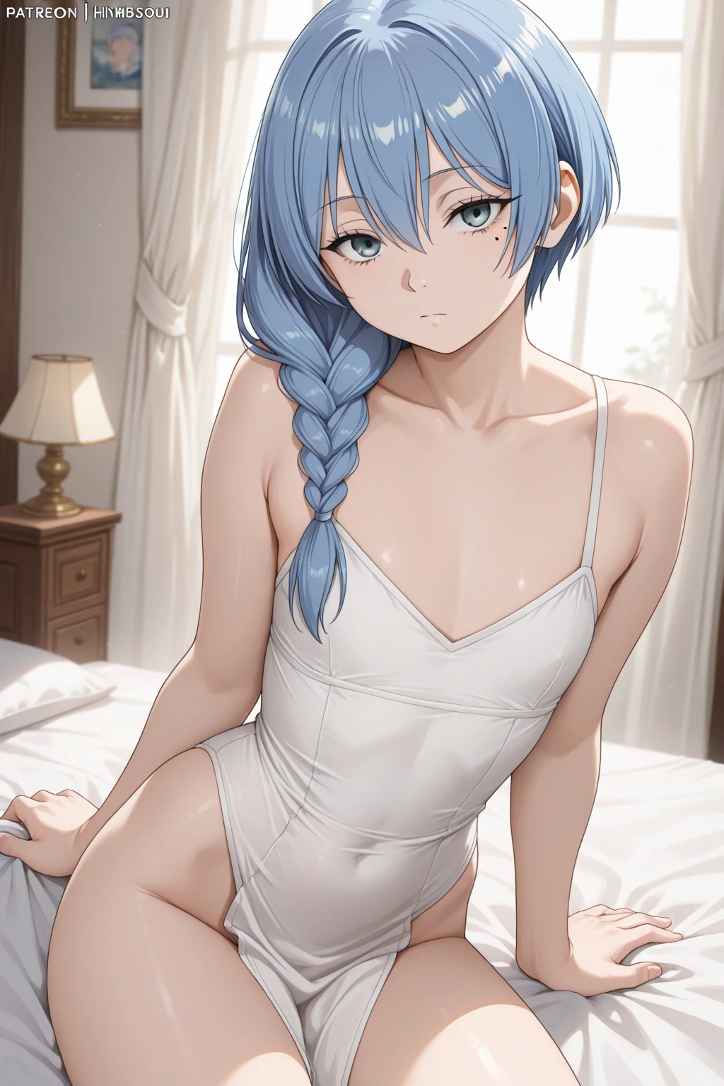 high-level image quality、top-quality、Detailed drawing、Does not blush cheeks、Slender beauty、Docile、White swimsuit、Small eyes、Smaller chest、Gray Hair Shortcut Hair、Petanko sitting、Sister sitting、Inner thigh-sitting、a bed