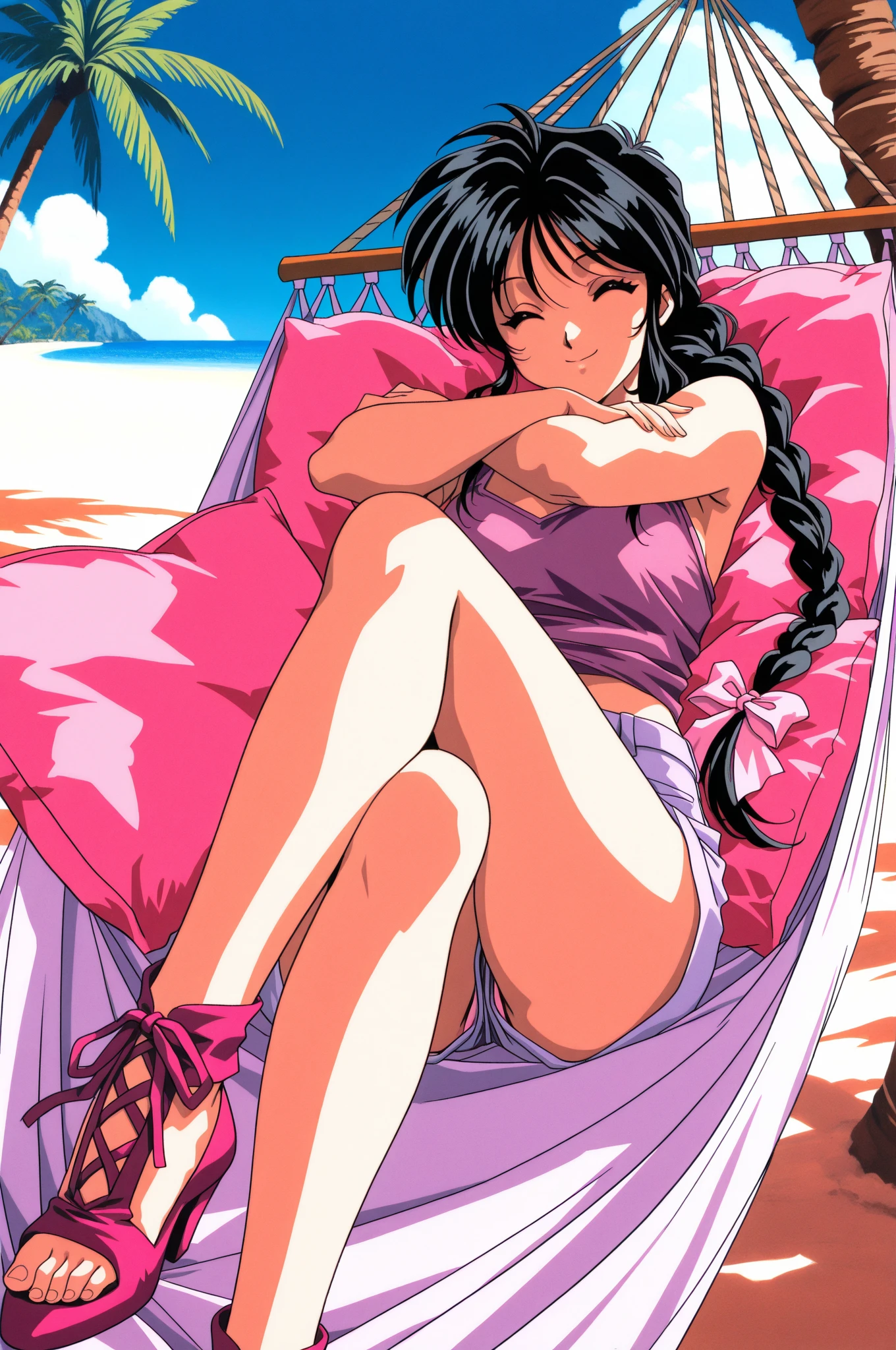 A young woman in a lavender bra and panties set is standing in front of a window. The woman has long brown hair and is looking at the camera with a smile. The image is taken from a slightly low angle.