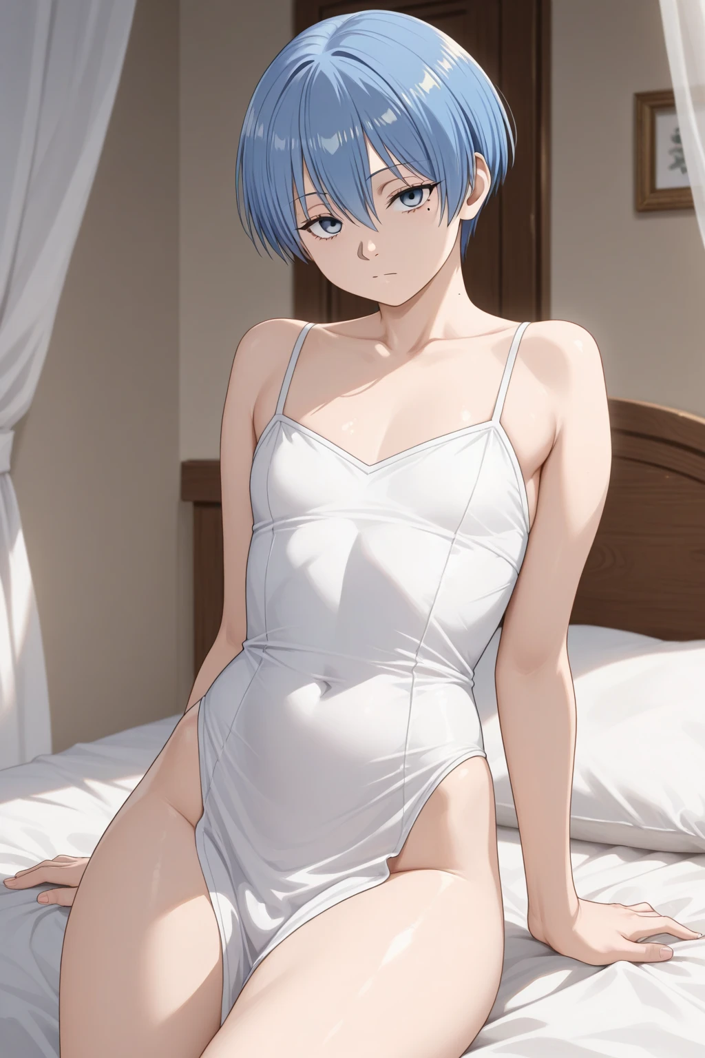 Anime boy in blue leotard on the floor next to sofa, Anime boy with purple short hair, Seductive Anime Boy, Anime boys are squatting, Smooth Anime CG Art, Beautiful anime boy crouching, Cute elegant pose, Boy in Leotard, Ecchi anime style, cell shaded adult animation, made with anime painter studio, In anime style, In an anime style