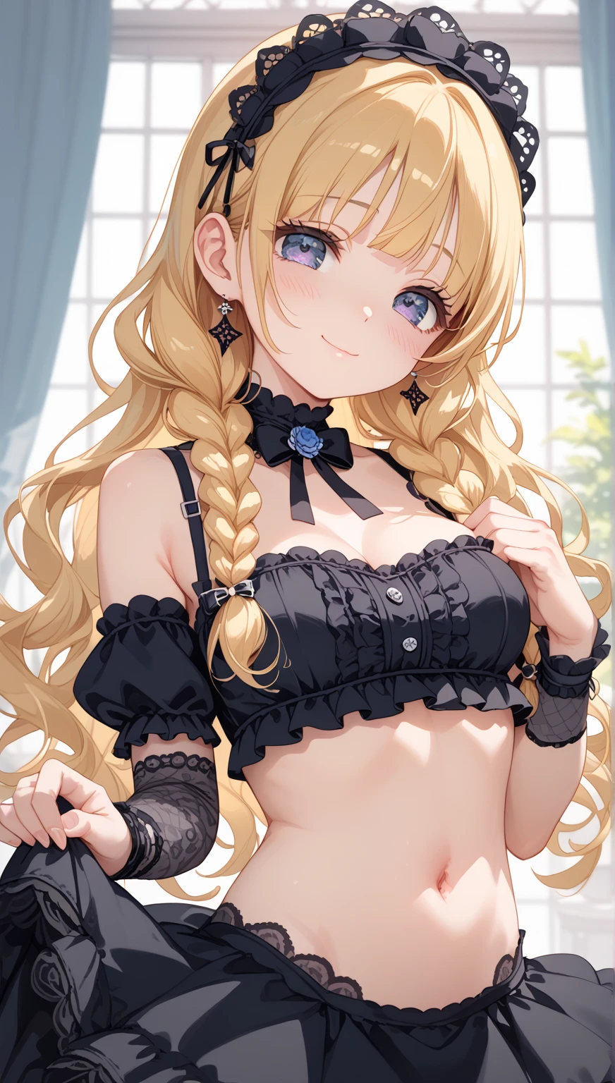 <lora:Corset EDG:0.75> corset, wearing a corset,, ultra detailed, masterpiece, best quality, aesthetic, detailed,, solo, soft smile, light smile,
1girl, blue eyes, very long hair, blonde hair, long blonde hair, french braid, bangs, medium breasts,