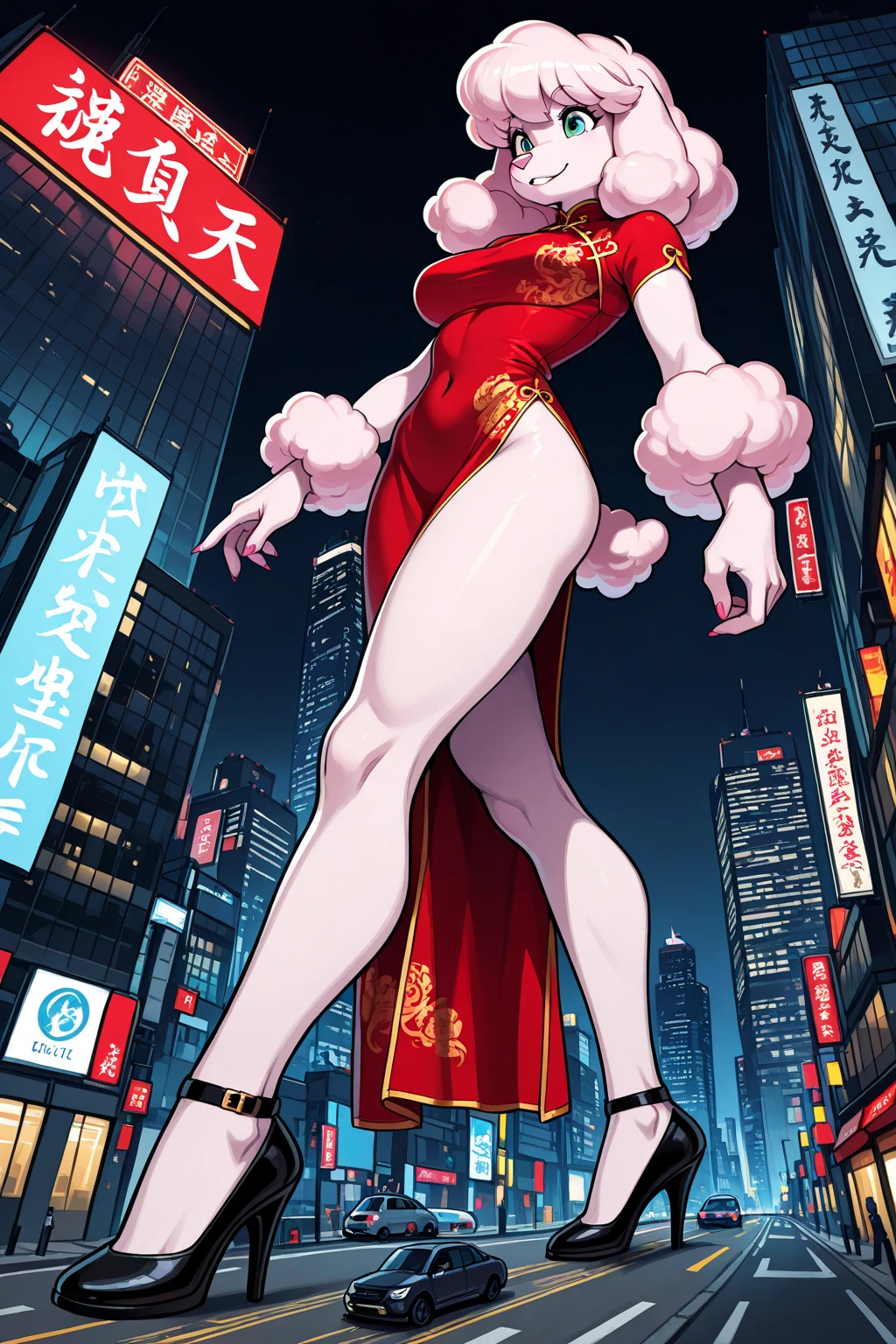 masterpiece, <lora:Kim_Hyung_Tae-45:1> Kim_Hyung_Tae,cowboy shot,1girl,crowd,chinese dress,white hair, red clothes, jewelry, forehead jewel, hair bun, double bun, pout, chinese architecture, colorful lights, detailed background
