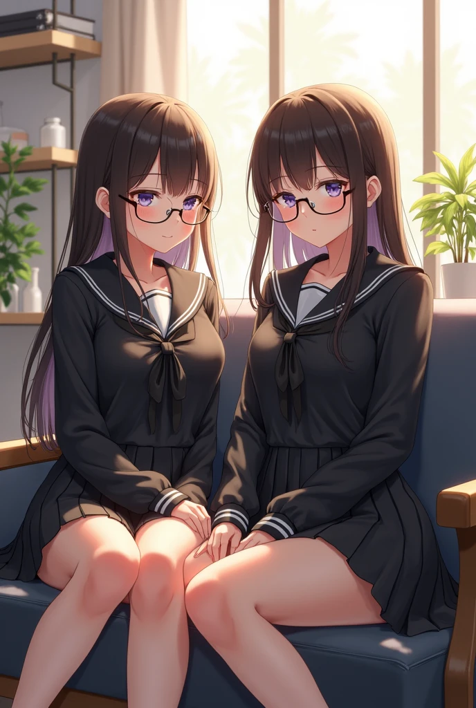 detaileds, Best Quality, High resolution, (((Two cute little girls with dark hair)))、((4years old)), ((Petite)), Pretty eyes、Detailed eye depiction、Looking at Viewer, pale skin、(flat chest), (Glasses), (blush:1.2), eyes are big , An embarrassed smile, NSFW,　Focus on the face、‎Classroom、Long hair,　Sitting with your knees upright、