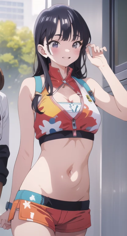 Tamaki kotatsu ,1girl , anime , masterpiece  ,twintails Black hair, jaqueta aberta open clothes , smug smile ,provocation face , solo ,  jacket, open clothes,  bra , small breasts , pantie  ,garterbelt ,long  socks   looking at viewer . 