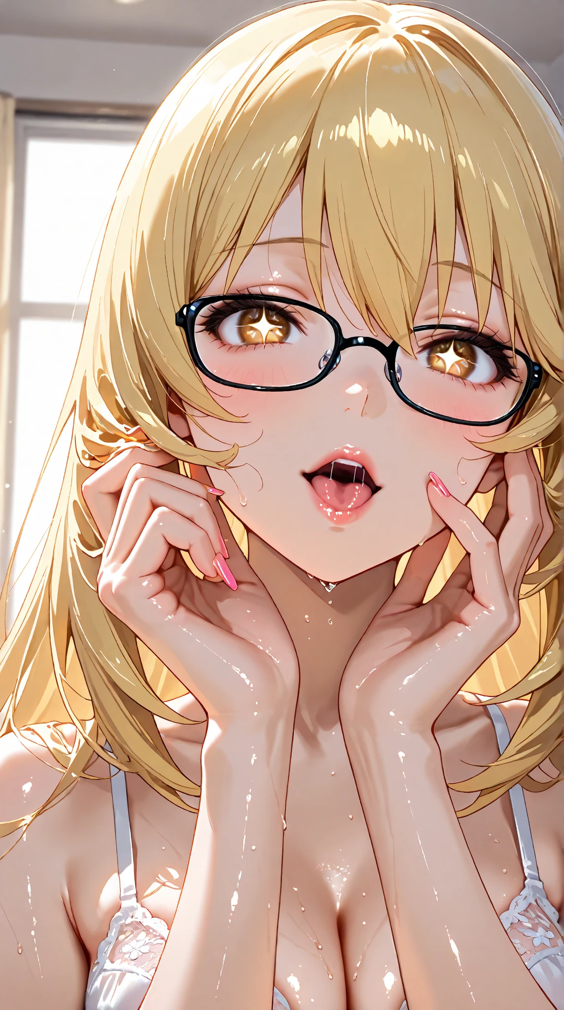 a beautiful woman in a missionary position with open shirt and kimono, orgasm face, intense sexual climax, detailed nipple, pussy,(bukkake),glasses,facial,cum on glasses,cum on boob,cum in mouth,semen