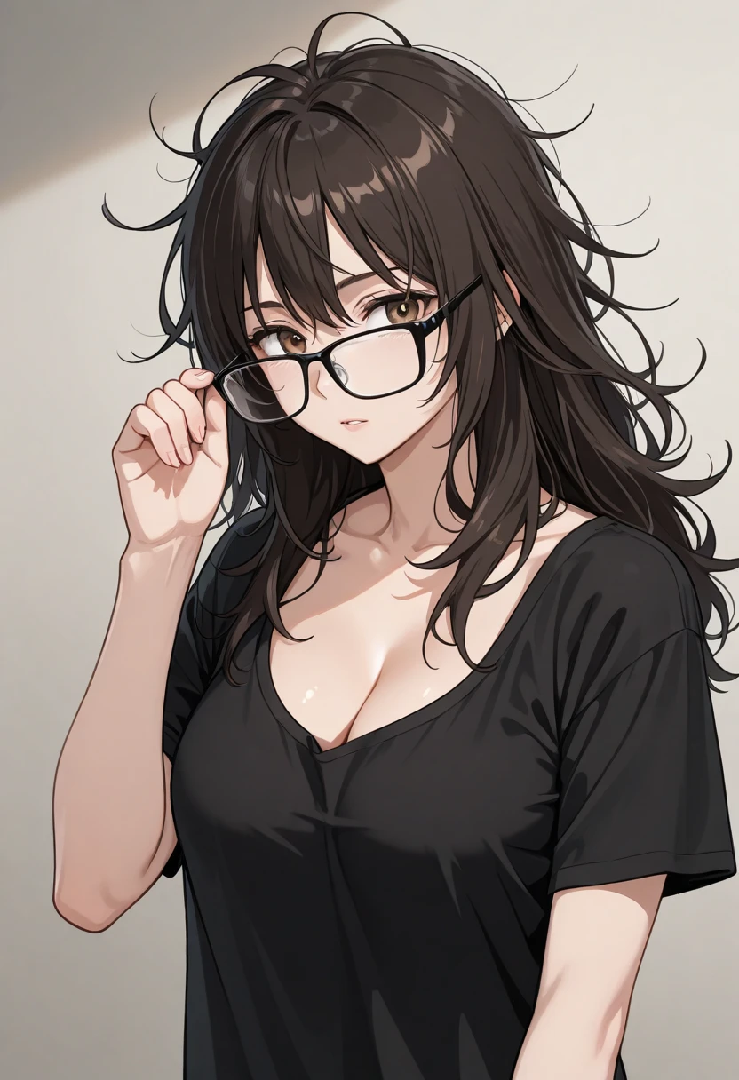 Dark brown eyed girl with long curly brown hair, with black glasses, with a black dress and with 2 silver necklaces