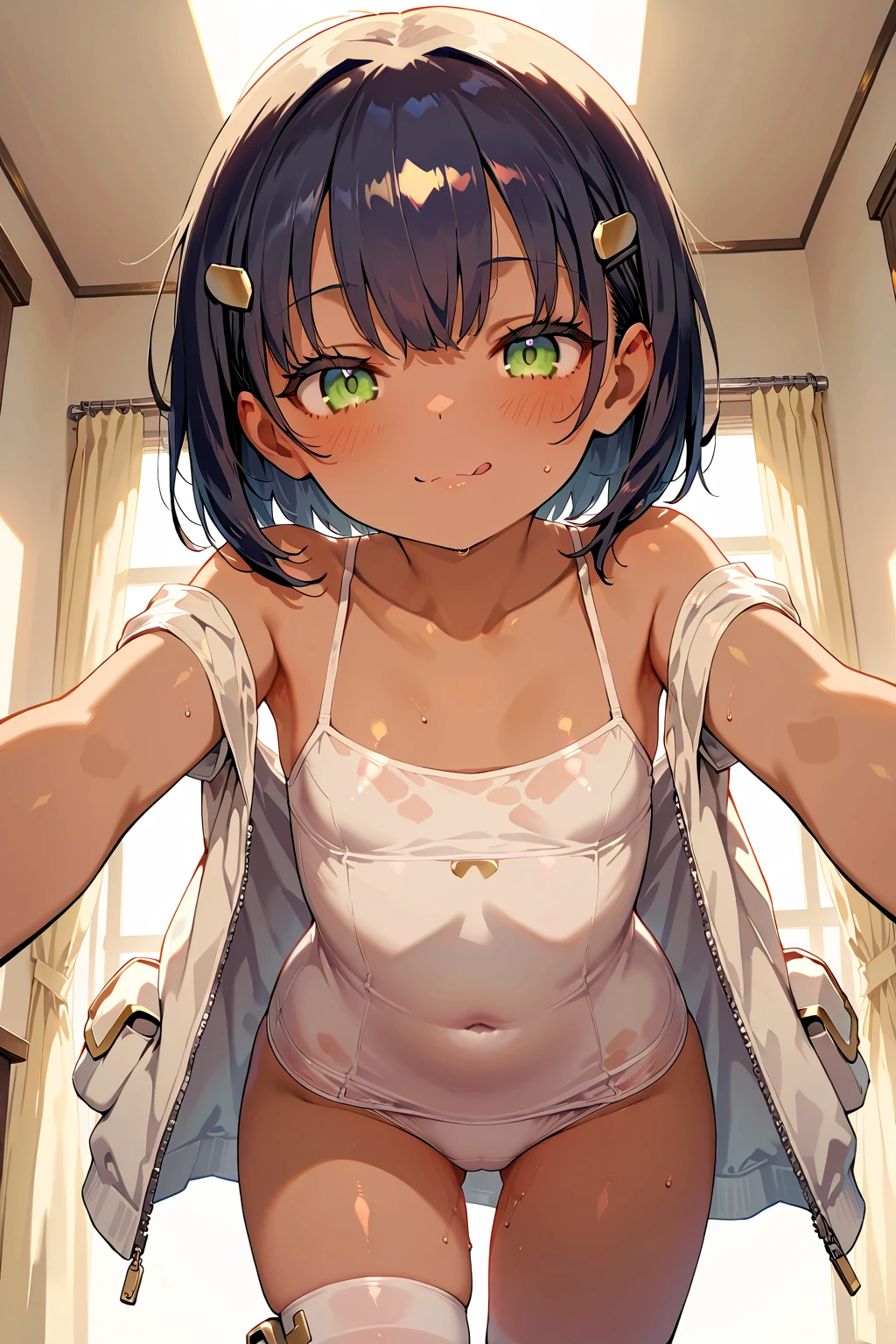 One girl,Nozomi、smile、Gentle expression、Welcome、The whole body is shown、Leaning forward、Cleavage、noon、Rural Scenery、Sitting、Leg spread、looking viewer,Cute white camisole,panty shot,Light green panties、A complete depiction of the human body、masterpiece, Highest quality, Game CG, 