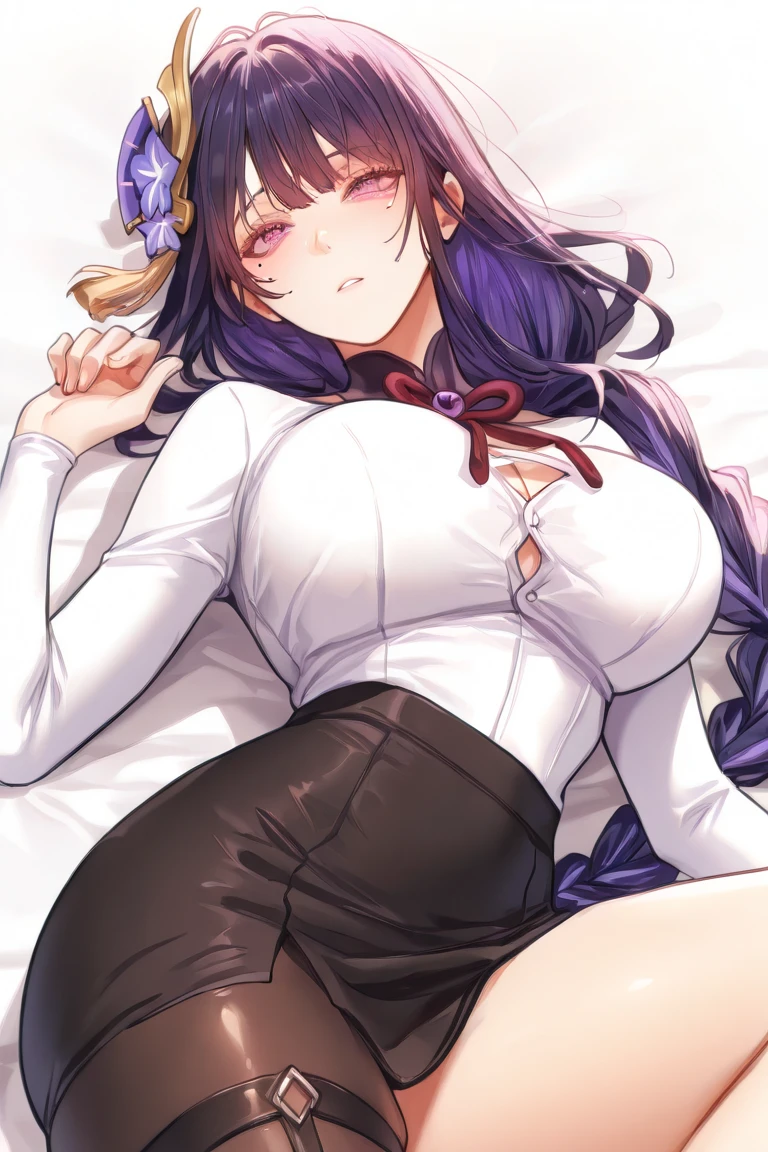 masterpiece, best quality, 1 solo girl, black hair, blue eyes, long hair, medium breasts, sexy body and face, wavy hair, smile, black socks, brown bow, knee-highs, long sleeves, open bra, open panty, parted lips, pink pleated skirt, puffy long sleeves, purple shirt, pendant, bracelet, jewelry, earrings, butterfly hair ornament, book, lying at the bed, night sky, sexy pose, cowboy shots, detailed body, face, and eyes, sharp focus, vibrant, creative, dynamic, high definition, high resolution, 8k, (Upscale: R-ESRGAN 4x+ Anime6mage enchance:4x), voluptuous body, cinema lightning, dakimakura style, looking at the viewer