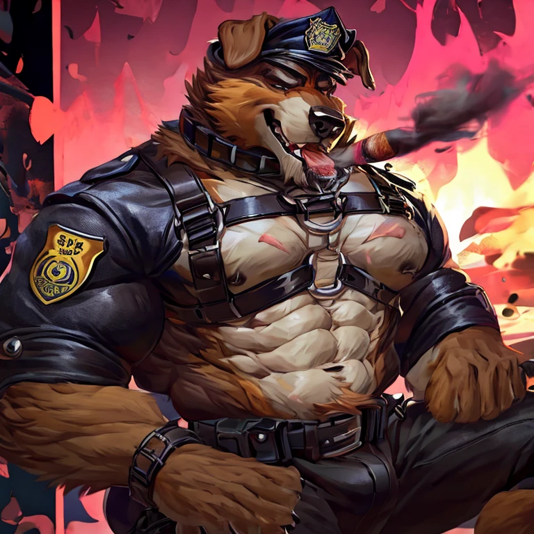 muscular male anthropomorphic german shepherd, black leather jacket, police badge, eye visor, hypnosis by visor, sliver chain, black leather pants, black leather boots, black fur on body, tan fur on body, light light brown fur on body, cigar lit in mouth, black leather collar, rugged and intimidating, (focus body)