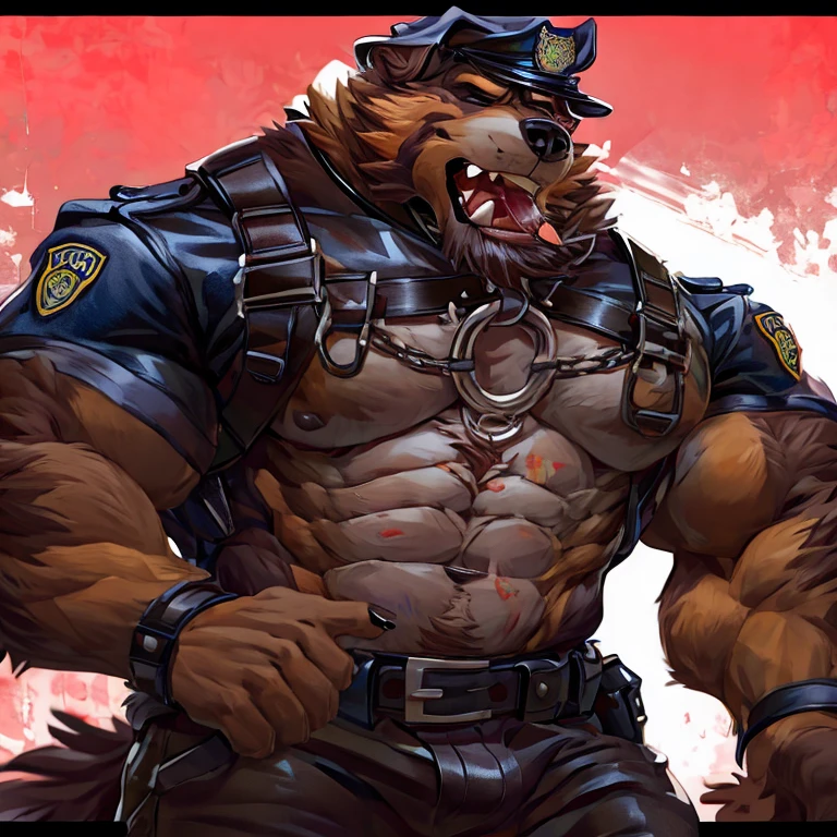 (Jackal), (german shepherd), big muscles, anthro, full body shot, ((((deep fur:1.5)))), ((((deep body:1.5)))), (((open police jacket))), (((police badge))), (((((black police jacket:1.1)))), ((black police pants)), male, solo, adult, older, muscles, muscular male, (((night))), (alley background), ((muscular abs)), ((huge pecs)), ((nipples)), ((front)), high details, detailed muscles, detailed face, looking at viewer, (((angered serious face))), ((bodybuilder body)), muscular face, masculine face, manly, huge muscles, hunk, beefy by bruteandbrawn, by raccoon21, by darkgem, by personalami, by chunie, by kenket, (intricate, high detail, film photography, soft focus, RAW candid cinema, photorealism, realistic, photorealistic, analog style, subsurface scattering, masterpiece, best quality, ultra realistic, 8k)