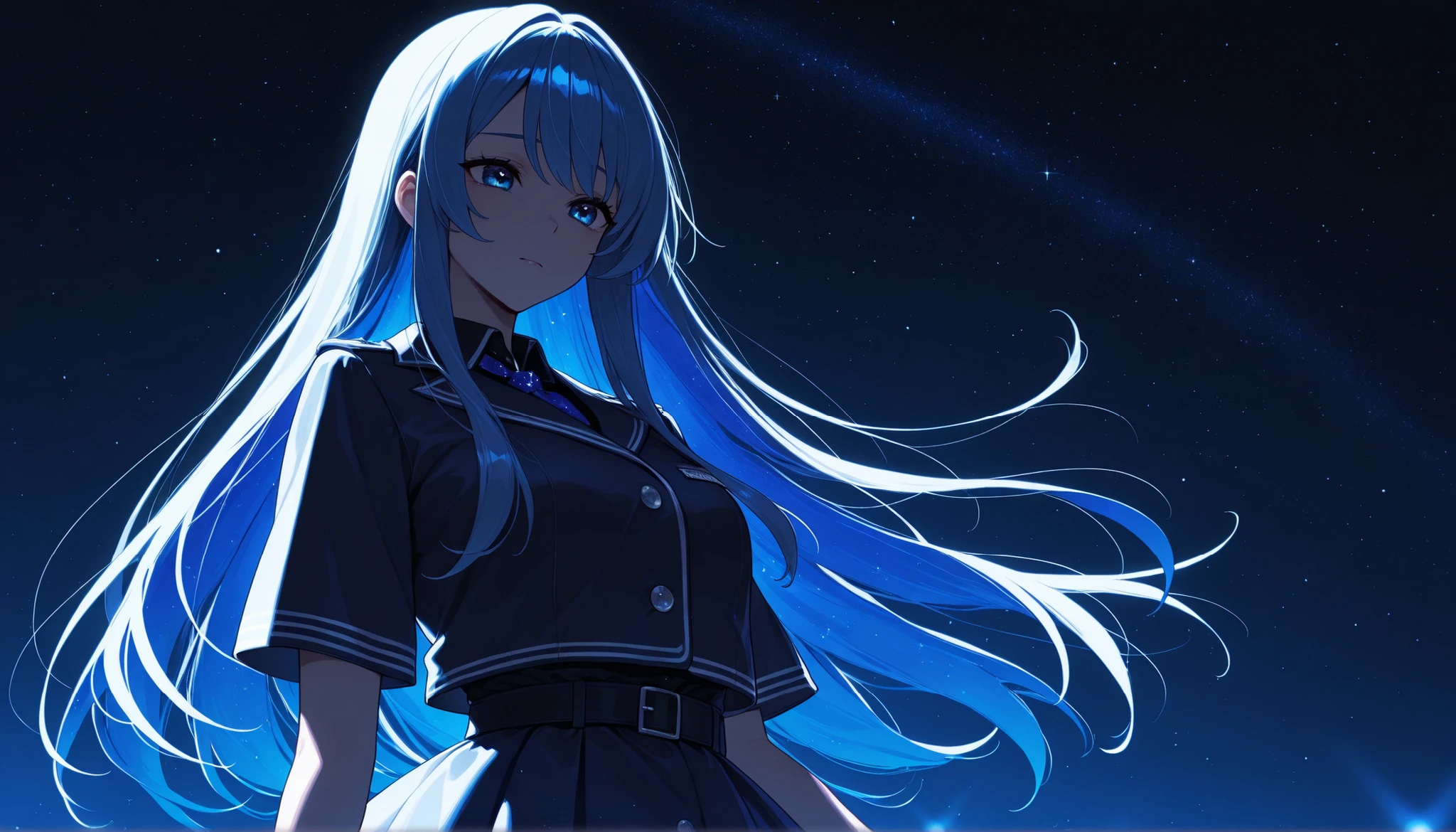 top quality, 8K, 4K, high resolution, high contrast,Japanese idol standing on an outdoor stage, short skirt, You can see the starry sky,1girl, The upper body is visible, An adult woman with a sad expression, navy straight hair, Sparkling Blue Eyes, shines