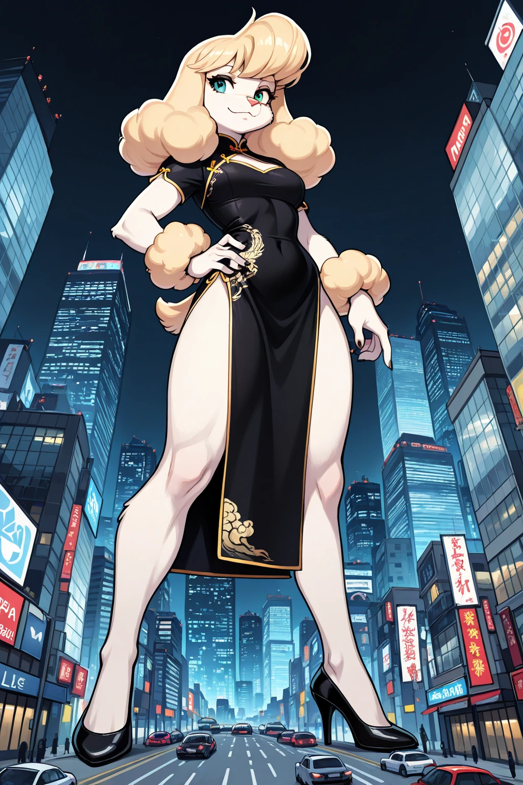 Masterpiece, perfect anatomy, incredible quality.((full body standing)) 1 beautiful mature woman, ((huge breasts)) very short white hair, red lips, glasses, white guild master clothes with gold details, white heels, white fur coat , sexy posture,