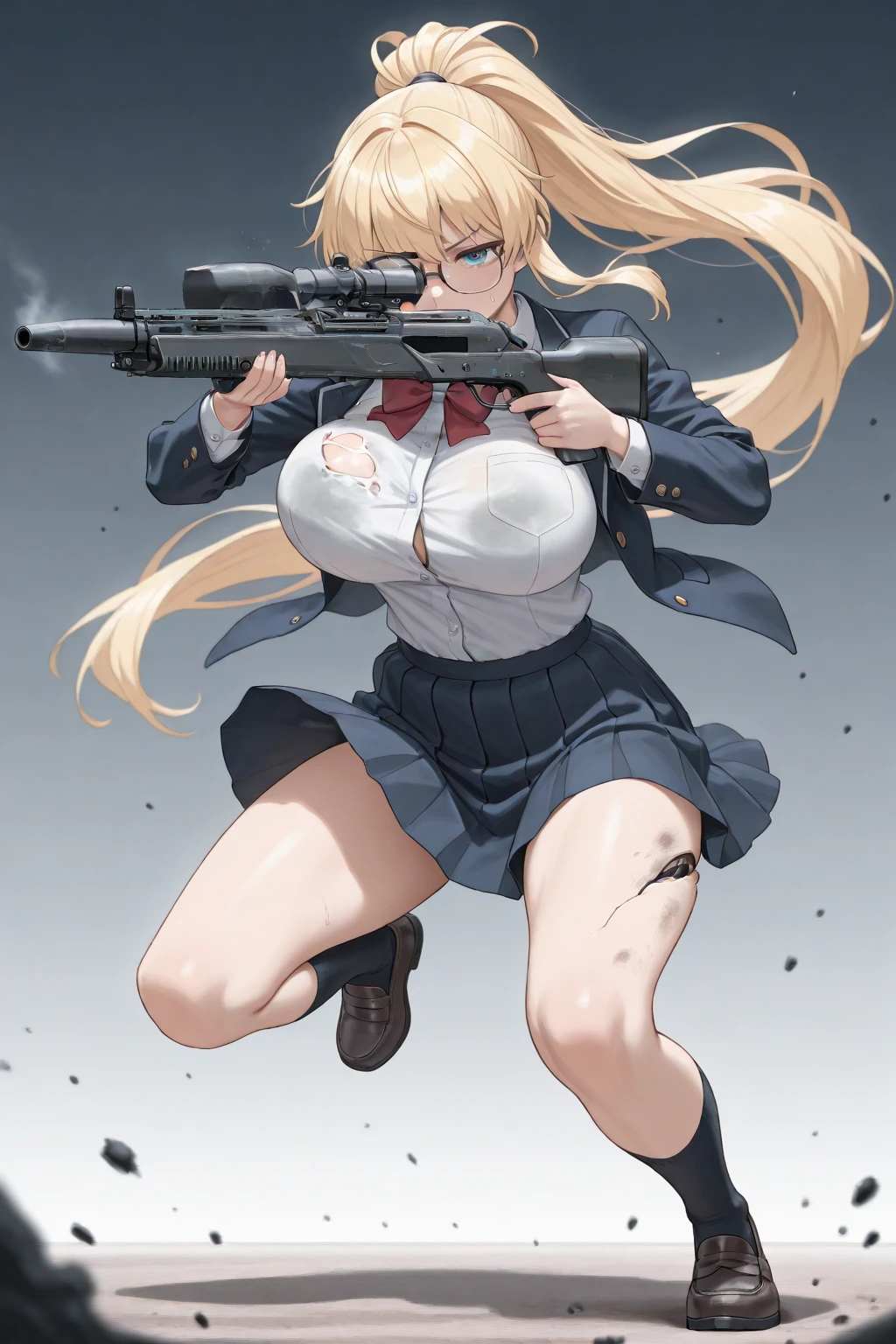 Anime girl holding a sword and a woman in a skirt, wear glasses,Pleated Skirt((Awkward, blush, charming, Close your eyes, ,with tears in eyes,open mouth, Saliva residue,The hem of the skirt is wet, Brushed,)Large Breasts:1.5、Low-cut,Cleavage, Wide hips,)The Last Vision, Ultra-high resolution,4K,Super detailed, photography, 8k, HDR, high resolution, absurd:1.2, Kodak Portrait 400, Film Grain, Blurred background, Bokeh:1.2, lens flare, (Energetic_color:1.2),Professional photography