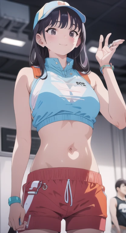 A woman wearing a sports bra and shorts, japanese woman, sitting on a pec deck machine in a gym, performing chest fly exercises. upper the arms, sweat, sweat skin, wet, wet skin, (absurdres, intricate, photorealistic, masterpiece, ultra-detailed:1.1), soaked, dripping wet, A high-resolution realistic photo of an athlete with sweat dripping down their face and body, their clothes soaked and clinging to their skin, glistening with oil, hair wet and sticking to their forehead, sport bra and shorts, akikazu mizuno, sport bra and dark blue shorts, sport bra and shirt, The gym has decorative patterned windows in the background.