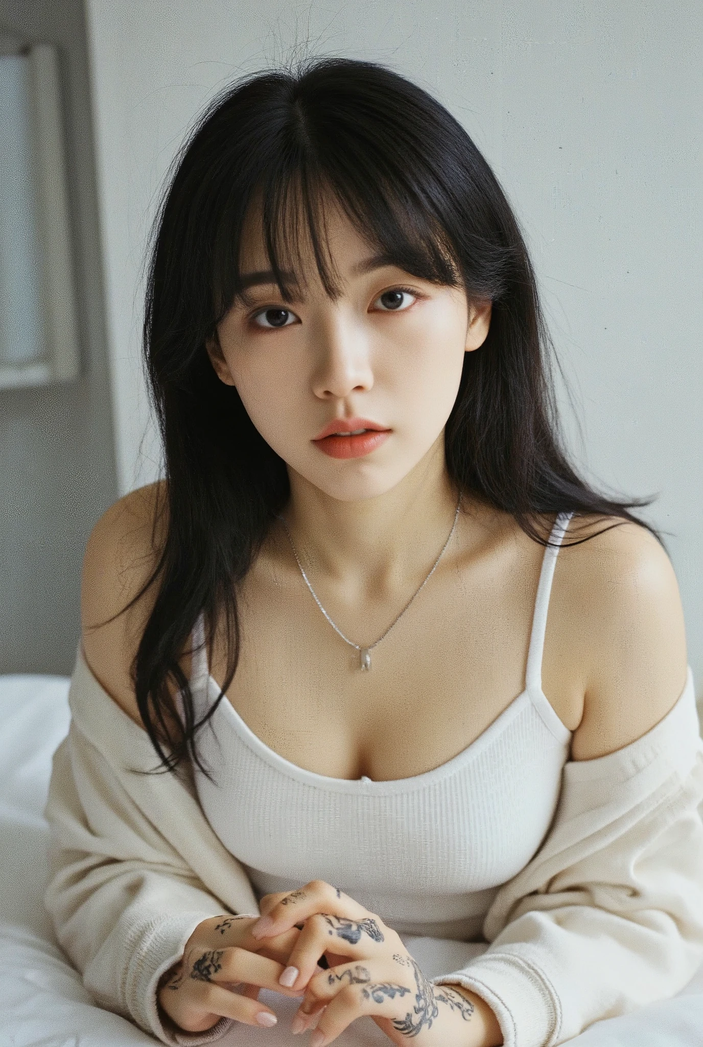 8k,HD,1girl,(shaggy bangs long hair:1.6),(brown white hair:1.8),(huge size breast:1.5),(angry face:1.7), pretty face,detail skins,realistic detail hairs,realistic face and eyes,Detailed beautiful delicate eyes,long wide lips,glossy lips,mole marks upper lip,no lipstic color,normal lips color,sensual curve of oral fissure lips,long thin oral commissures,,little cute smile,shiny hair, beautiful girl, ,soft light,realistic background, (from front below view:1.3), ,nokia_sutasinee,