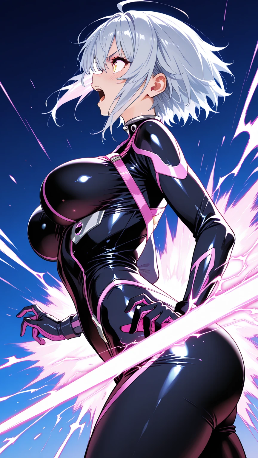 centralized view, (Otsu Ryo, girl, white hair), (ripped superhero suit, sexy, cleavage), full body, flying, detailed face, detailed eyes, detailed body, showing part of the nipple, ultra detail, 4k