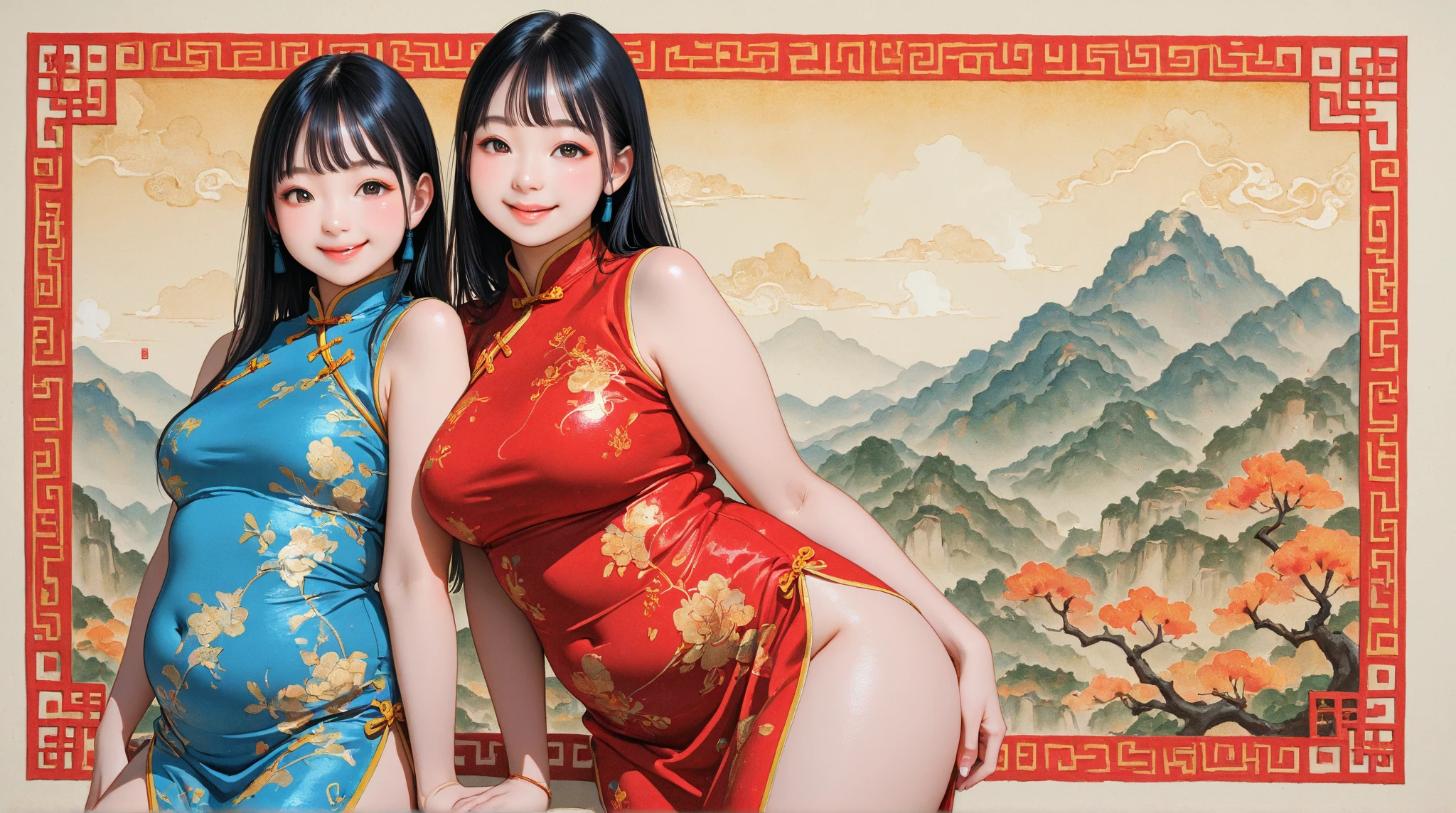 Three Asian women in red bikinis pose for a photo, Chinese girl, cartoon digital painting, asian hyperdetailed, Realistic young gravure idol, digital cartoon painting art, Realistic. Cheng Yi, realistic bikini, Digital art of cartoons, Guviz-style artwork, digitial painting, Chinese woman, hyper realistic anime, Asian girl, chinese artist