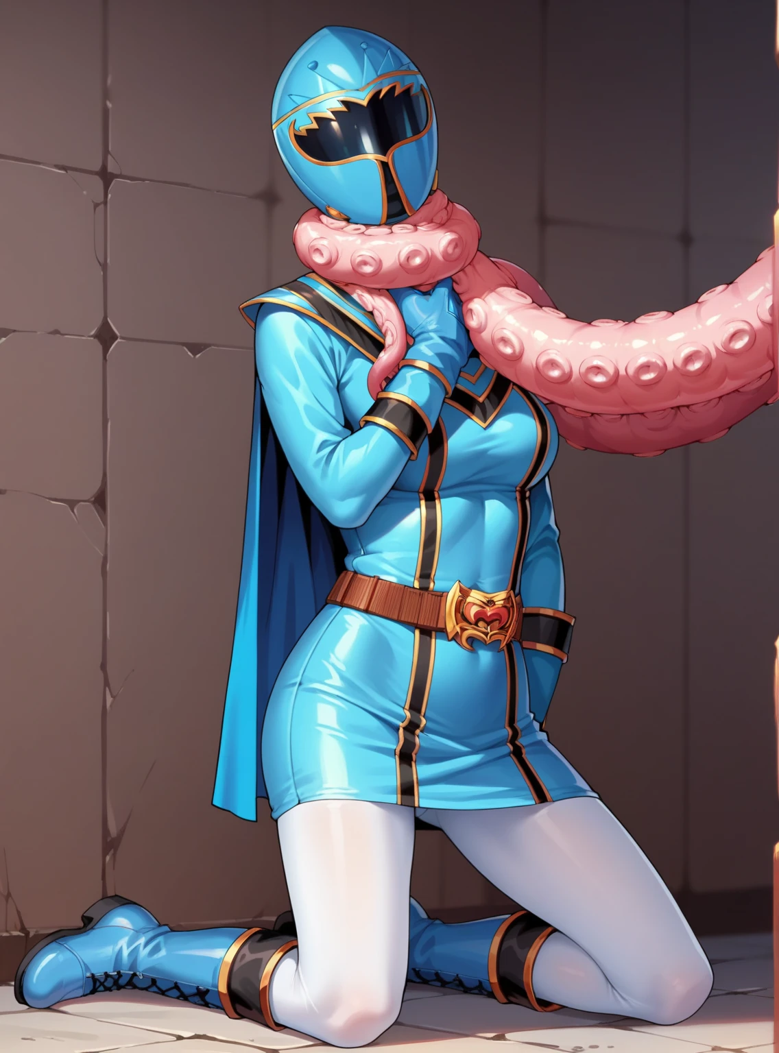 (best quality, masterpiece, RAW photo,ultra-detailed:1.2), 1girl, solo, looking at viewer, ((Hurricane Blue outfit, belt, gloves, helmet, blue spandex vest, blue boots, blue skirt, gray leggings, white gloves)), very large melon sized breasts, (((spread legs:1.1))), ((tentacles:1)), nsfw, raised arms, tentacles wrap around arms and legs, tentacles pressing on her crotch, tentacles squeezing her massive melon size breasts, dark room, eerie light, close up, industrial background, upper half body, creampie, wet