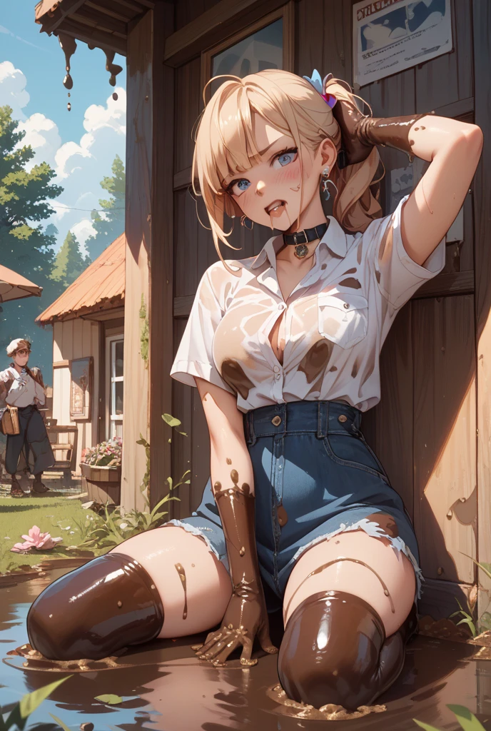 solo girl looking to the camera, cow bell choker, metal sandals, black and white bikini (cow pattern), black thigh highs, farm background