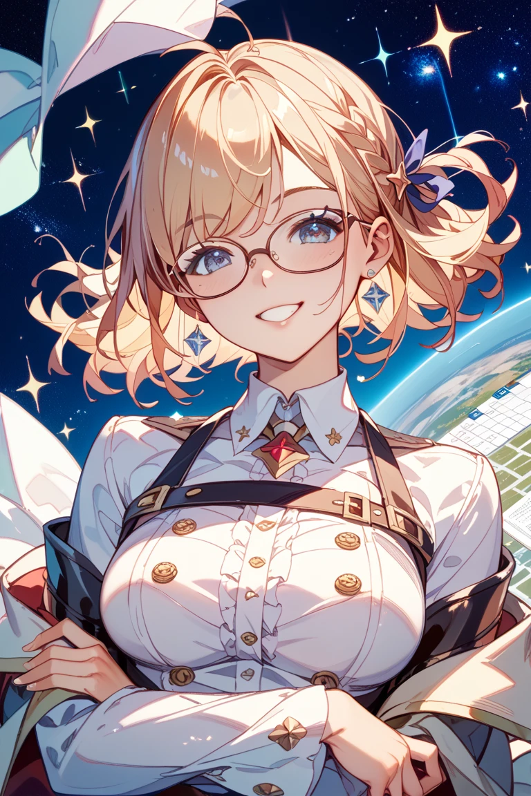 balloons,Winged little girl,Large breasts,Intimate underwear,sandbeach,blue-sky,baiyun,(Books:1.4),Very many books,Super many books,Long brown hair, Floating hair, side locks, Beautiful detailed glass hair, Delicate beautiful face,Wearing glasses, Happy smile,universe background,Cosmic Galaxy,solar system