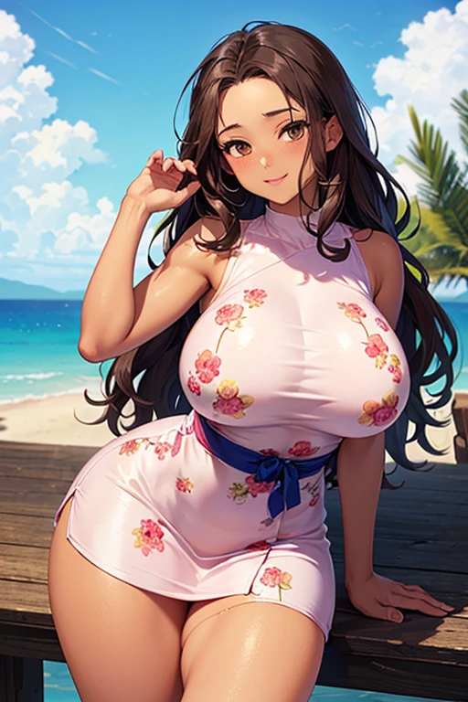 (swim wears:1,1),(She wears a sweater over her swimsuit:1.3),Standing,Long hair,braid ponytail,Ahoge,((huge bust:1.5)),A sweet smile,Pool side,Wind,shine,Bouquet of pink flowers in hand,celebration,festival,Facing the viewer