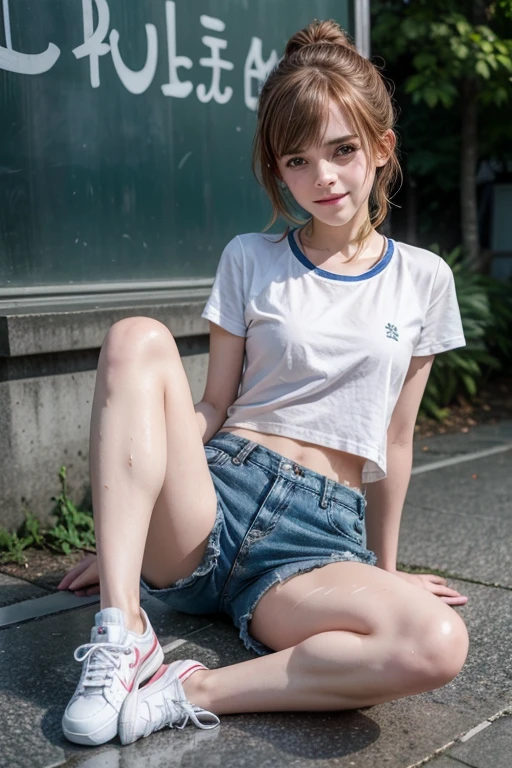 (best quality,hyper-realistic,ultra-detailed,8k), teenager, fifteen years old, shy, sad, paleness, big blue eyes, very white skin, small nose, very short brown hair with bangs, melancholy, delicate, feminine, skinny, garden of thousand White roses, ponytails hairstyle, summer t-shirt, short blue jeans, fountain, Sunny day, brilliant colors.