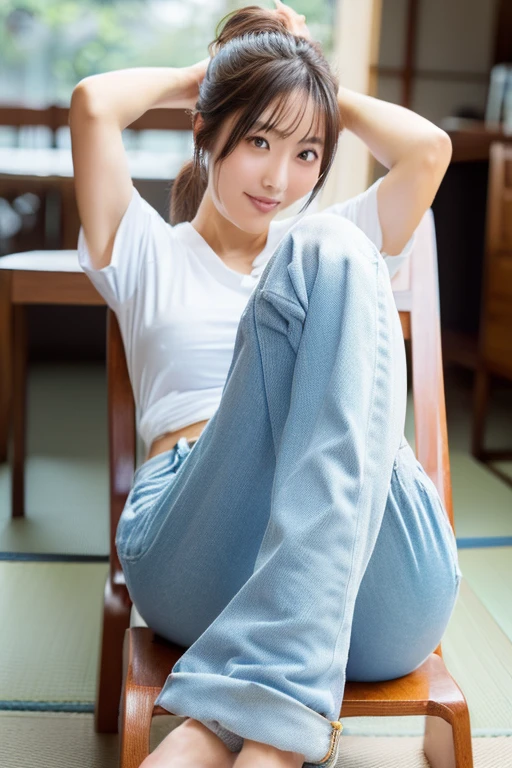 Image quality high. Japanese 21 year old girl. Medium-Big Sized .. White transparent pant and top. Brown hair. Laying on a table. black shoes. Background (blue sky)