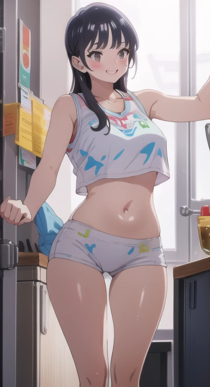 masterpiece, absurdres , (intricate details), (colorful),cinematic lighting,bust shot,extremely detailed CG unity 8k wallpaper ,hinata\(boruto\), 1girl, solo,mature female, arm up, looking at viewer, sports bra, locker room,cowboy shot,