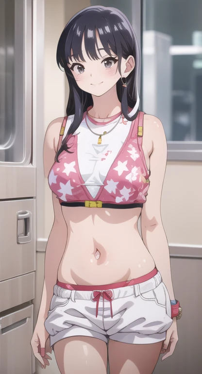 masterpiece, ridiculous , (intricate details), (rich and colorful),Cinema lighting,Half-length photo,Extremely detailed CG unified 8k wallpaper ,hyouka\(boruto\), 1 girl, alone,adult, raise arms, looking at the audience, exercise well, locker room,cowboy shooting,