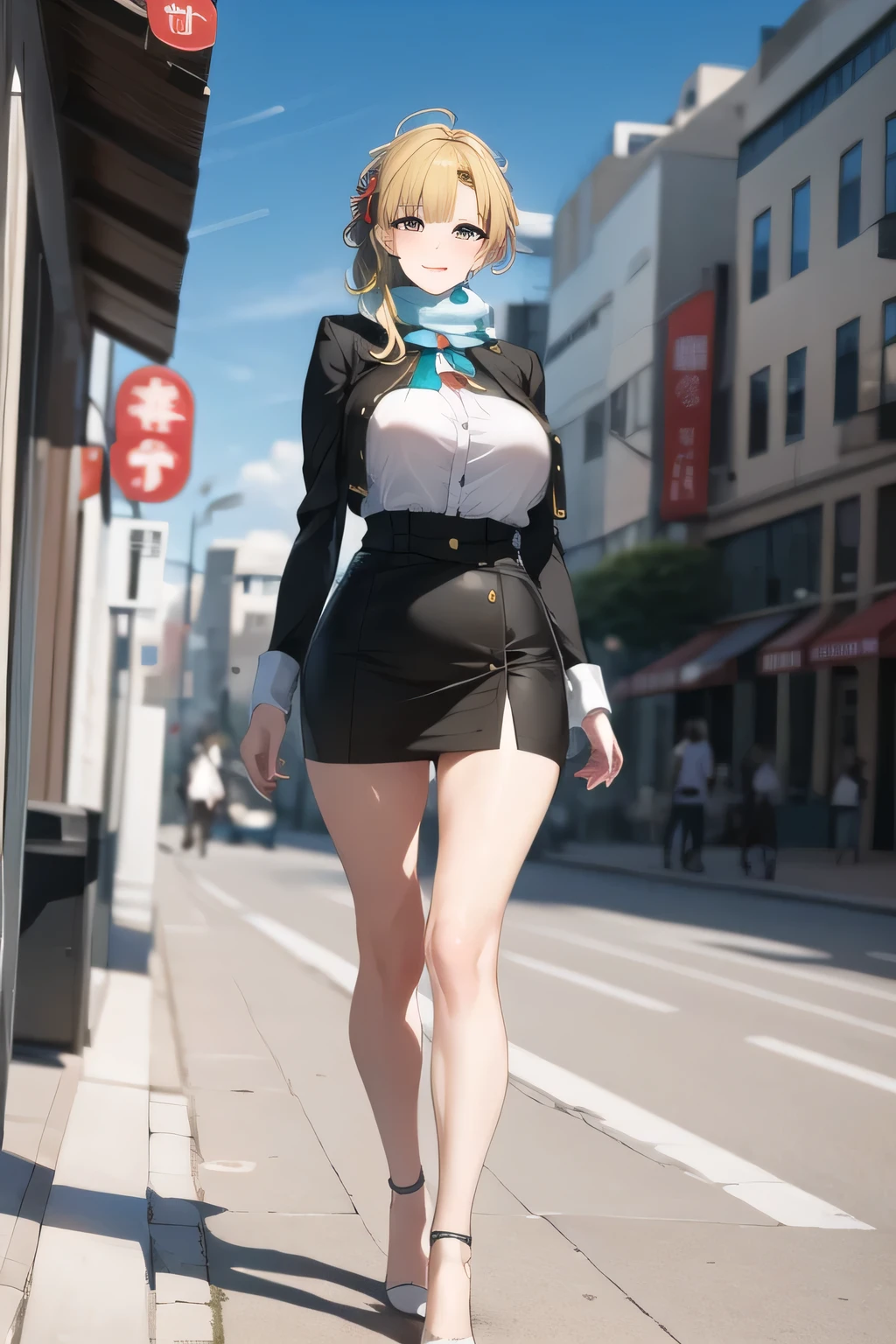 A woman with a lovely smile, will you have yellow hair,business suit,tight miniskirt,uniform ,white scarf,high heels,,表情を最優先するのでFaces are very importantトリミングしないでください,,,爆big boobsをさらに爆big boobsに描いて下さい,,Walking Alone, city tour ,only, , Big black wavy hair, , big boobs, thin waist , , ,Faces are very important,