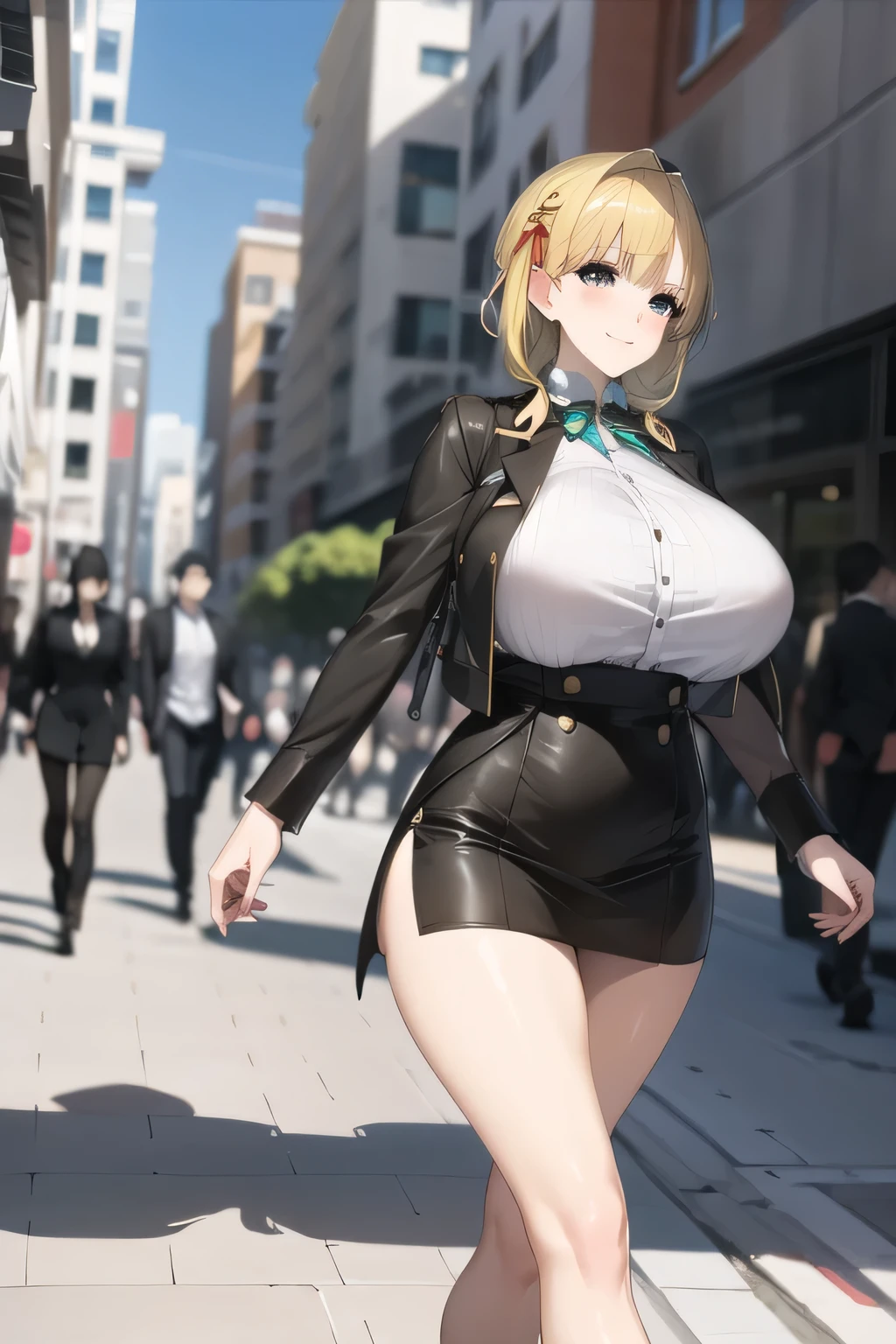 A woman with a lovely smile, will you have yellow hair,business suit,tight miniskirt,uniform ,white scarf,high heels,,表情を最優先するのでFaces are very importantトリミングしないでください,,,爆big boobsをさらに爆big boobsに描いて下さい,,Walking Alone, city tour ,only, , Big black wavy hair, , big boobs, thin waist , , ,Faces are very important,