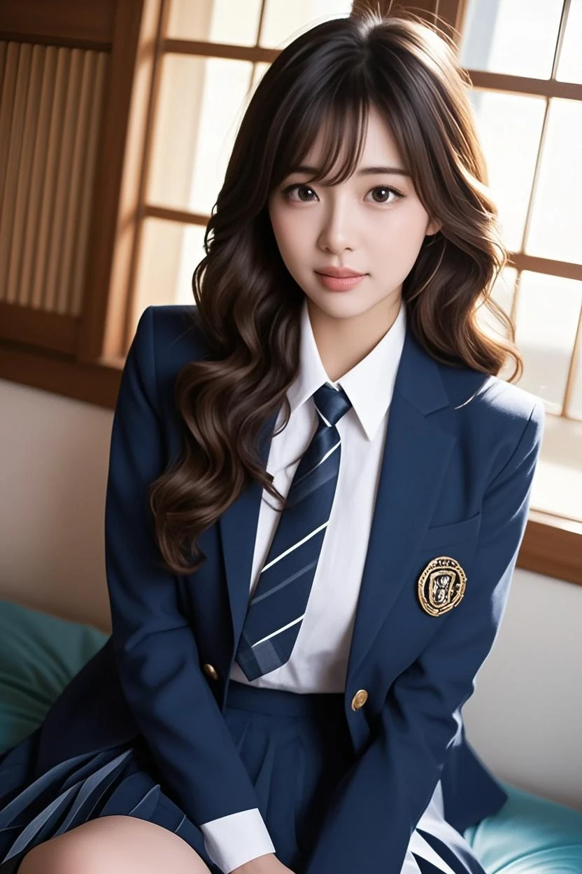 ((Top Quality, 8k, Masterpiece: 1.3)),1 japanese girl, 18 years old, school uniform, smile, ponytail, school , cowboy sho