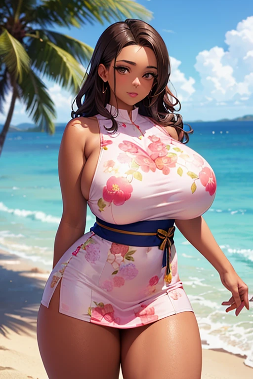 (masterpiece, Highest quality:1.2, 8k, Ultra-high resolution), (1mom), older Chichi, a character of DBZ, dragonball, mature, Milf, ((ultra realistic mature face, ultra detailed mature face)), (black, Dango hair, parted long bangs on sides Hairstyles), (Ultra Slim Waist, perfect slim model body style), ((purple China dress, orange neckchief)), wrist bands, ((((ultra huge breasts, ultra huge cleavages, ultra huge boobs, ultra huge tits)))), Detailed face, Detailed eyes, Beautiful Eyes, Perfect Eyes, Ultra-realistic & Highly detailed skin texture, (nsfw), (living room, house plant, view palm tree & beach from bay window:1.3,), standing,