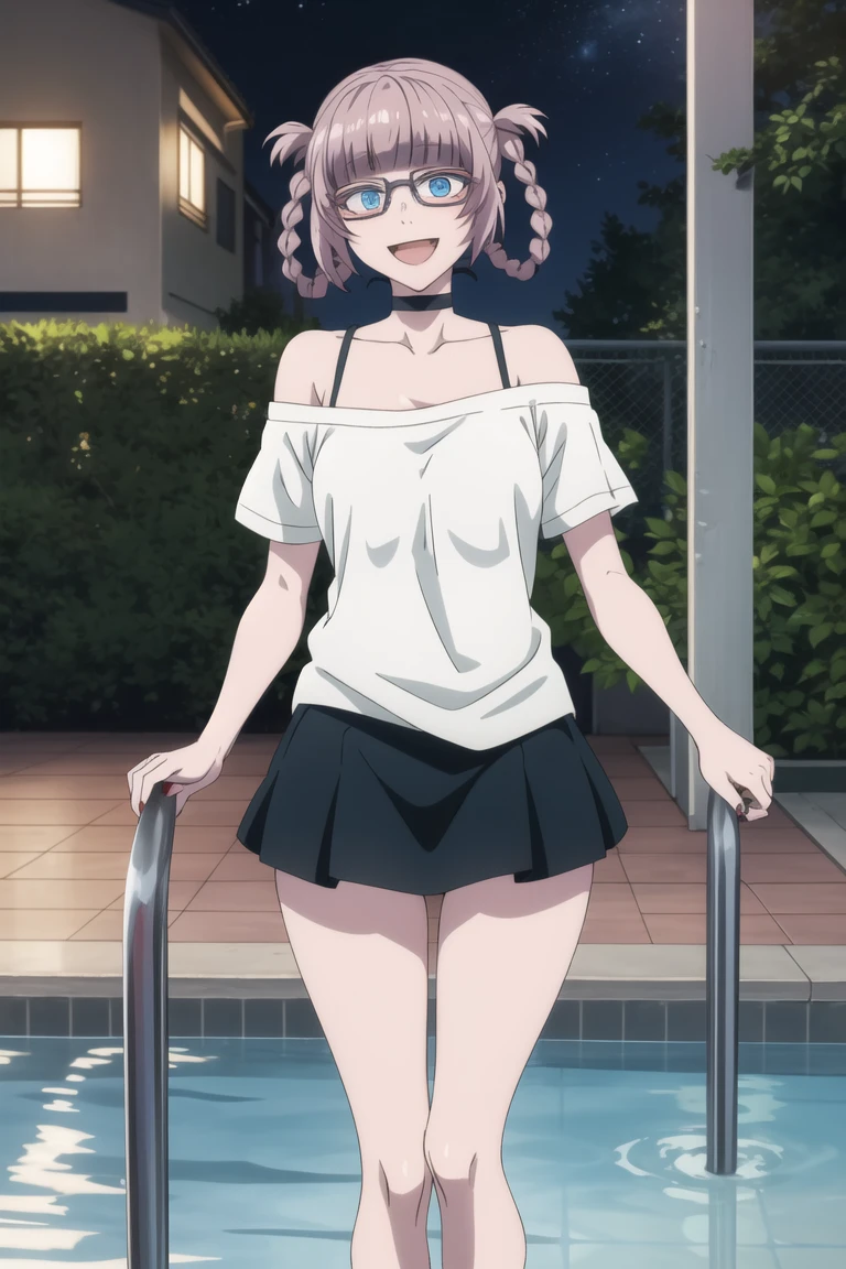 ((Masterpiece,Highest quality)),Pool at night,One 18-year-old girl,Black Micro Bikini,Standing with hands on hips
