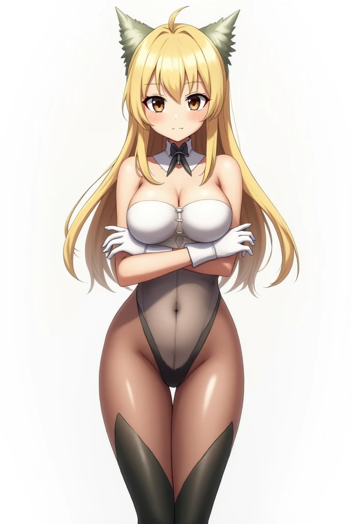 One girl, Playboy Bunny, alone, Animal ears, Bunny ears, High heels, Long Hair, pantyhose, tail, very Long Hair, Wrist cuff, rabbit tail, leotard, Large Breasts, Cleavage, tie, Fishnet tights, fake Animal ears, Blue background, Detachable collar, Sit on a chair, Spread your legs, Captivating smile, white leotard, whole body, black tie, strapless leotard, blank, Noel Silva