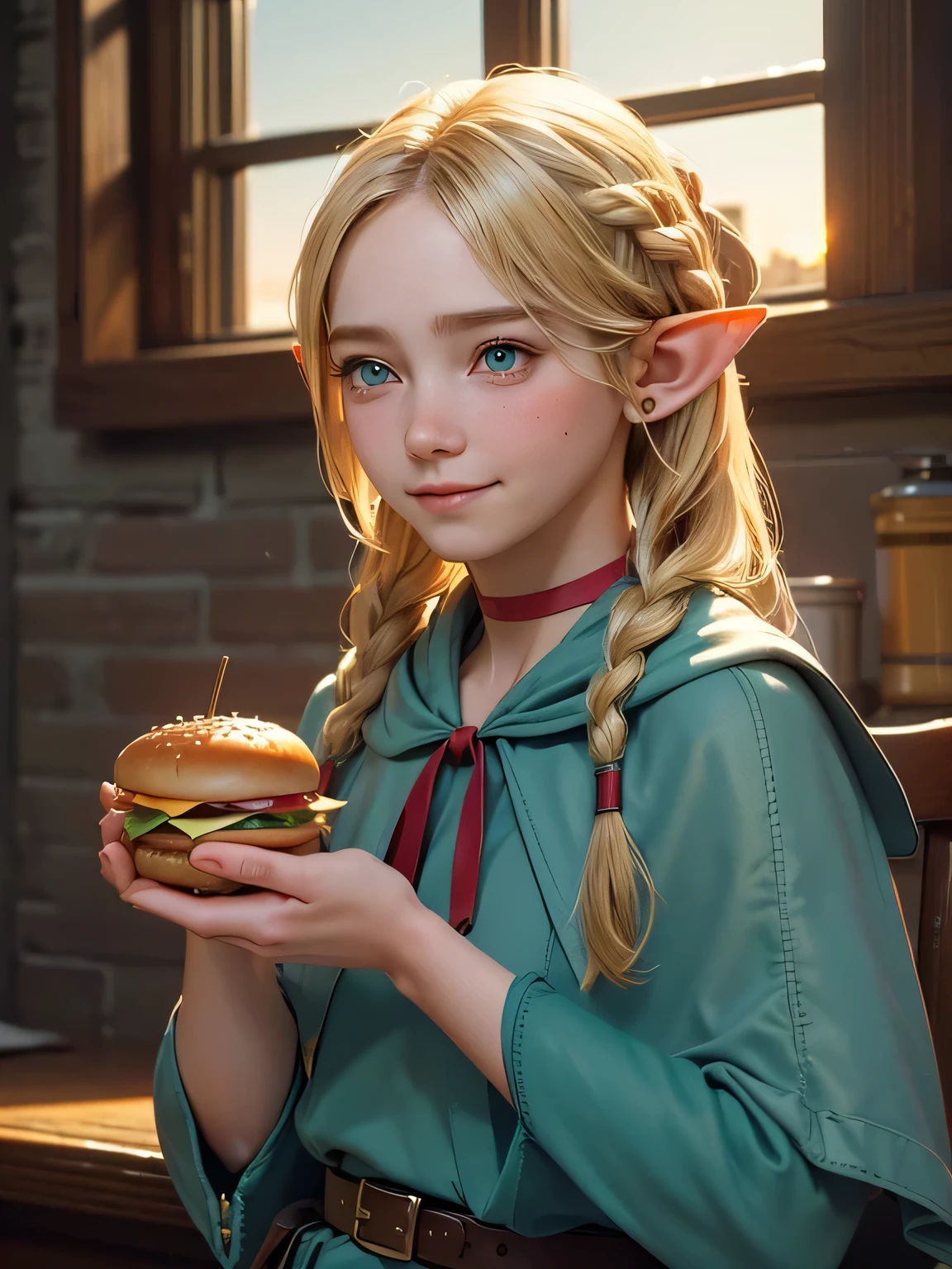 ((masterpiece、Highest quality、Very detailed、High resolution、Real、Sharp Focus)),Face Light,Bust Shot,High brightness,High chroma,(1girl,melancholy expression,elf,blonde hair,long hair,braid,twin braids,pointy ears,green eyes,Red choker,capelet,dress,belt,pouch,smile:1.2),(She is resting her chin on her right hand,There is a hamburger in front of her),Fantasy Characters、Detailed hand drawing,(The background is a city at dusk, a tall window in a skyscraper, the setting sun, a city view),