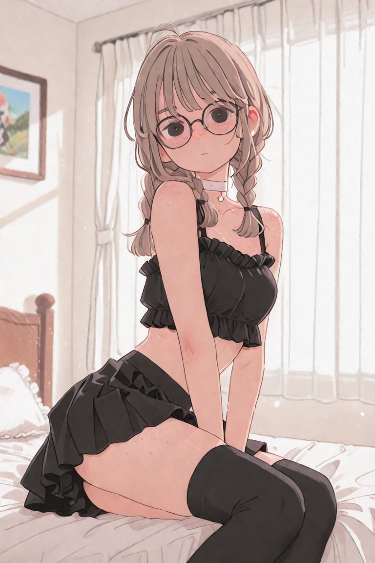 masterpiece, highest quality, pretty girl, 16 , Scrunchie hair ornament, denim pencil mini skirt, pantyhose, Leg belt, necklace,sit, skinny , Pink and black bra,((showing off lace panties))