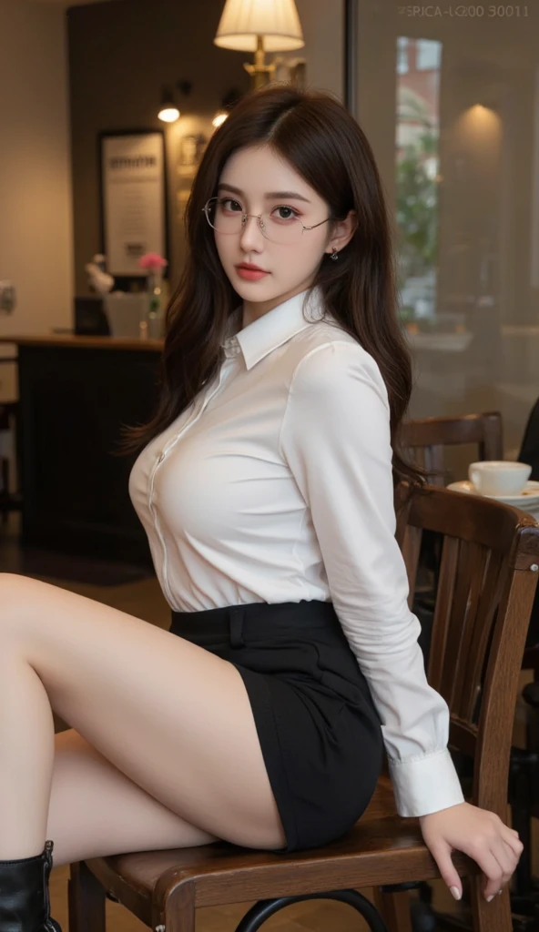 (Best quality, masterpiece, detailed), (RAW, 4k, hd images), 1 girl, 17 years old, white skin, long hair, ponytail, layers hair, bangs, black hair, beautiful girl, cute girl, sweet girl, pretty girl, perfect girl, perfect body, pretty eyes, blue eyes, thin lips, (eye line, lip soft), perfect round breast, glasses(detailed frame), simple background, smile, thigh, legs, office uniforms, modeling pose, free style pose, random angle capture