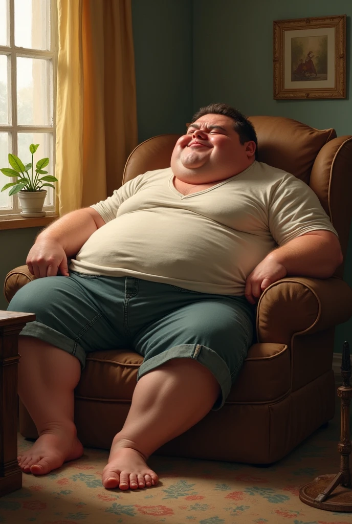 Create an image of a chubby man in underwear, seated in a chair